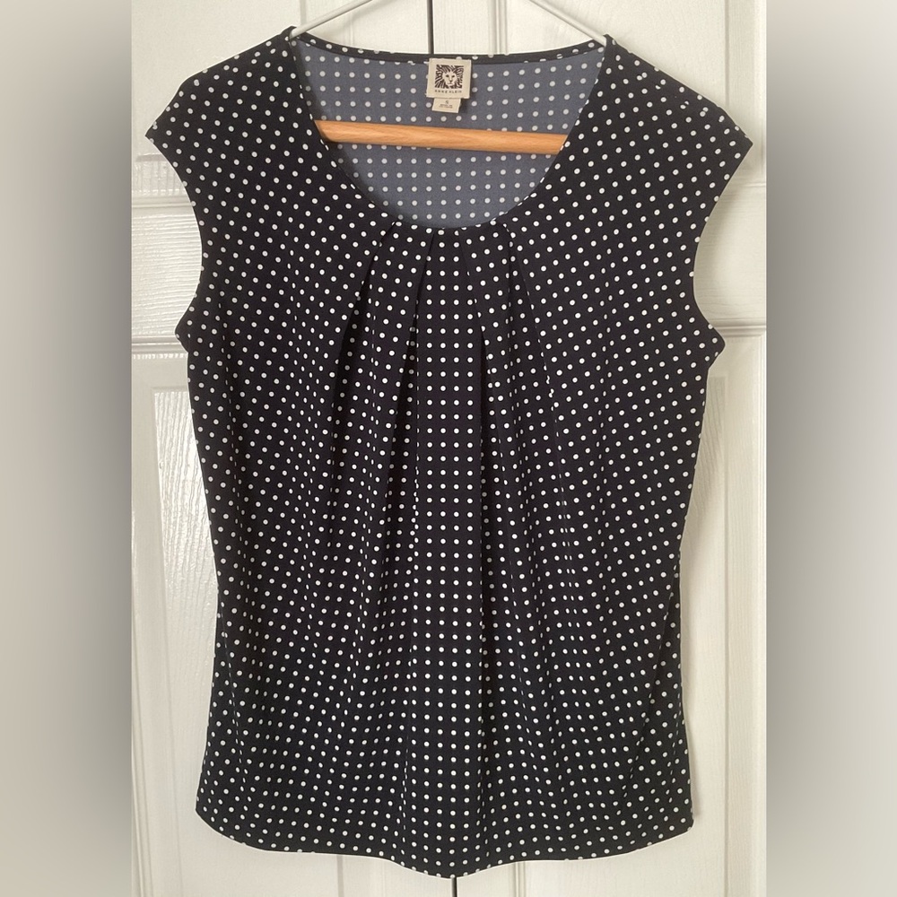 Anne Klein Navy and White Polka Dot Stretch Blouse Size S